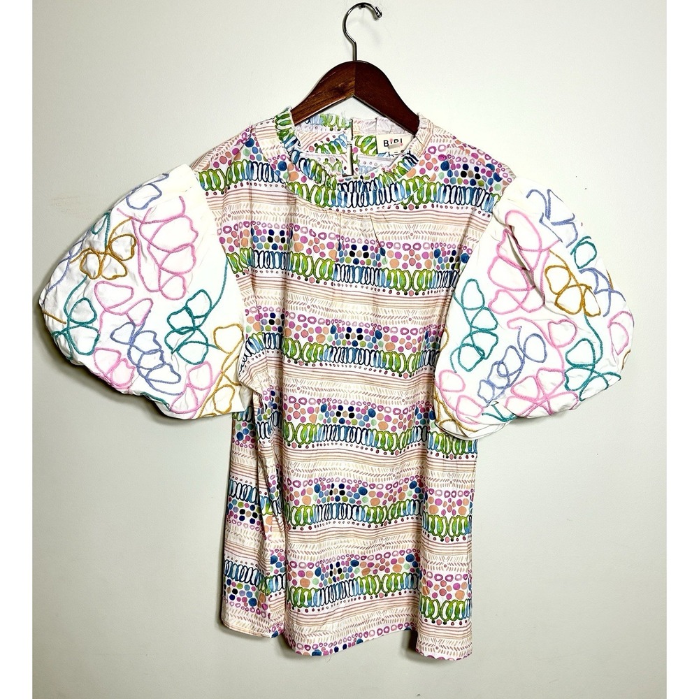 BIBI Abstract Colorful Print Blouse 2XL White Puff Sleeve Textured Embroidered